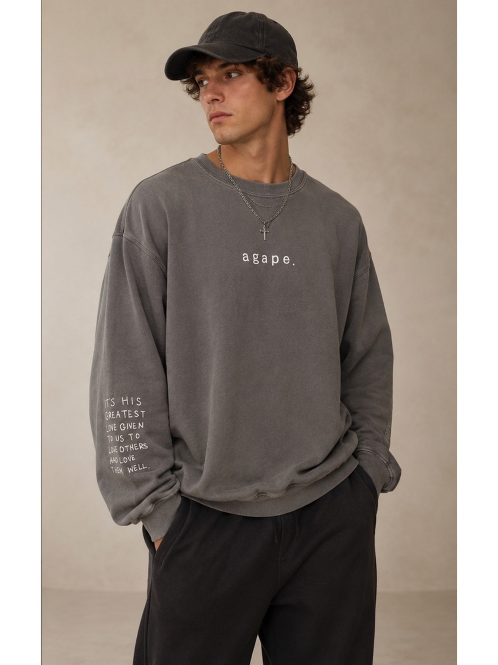 agape. Unisex Graphic Minimalist Streetwear Gray Crewneck Sweatshirt Medium